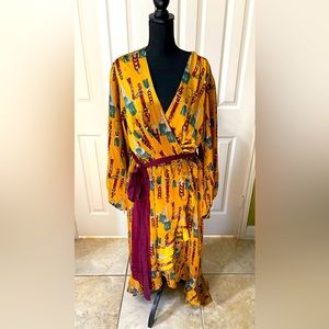 SEXY PRINTED HI-LOW DRESS WITH BELT- MUSTARD